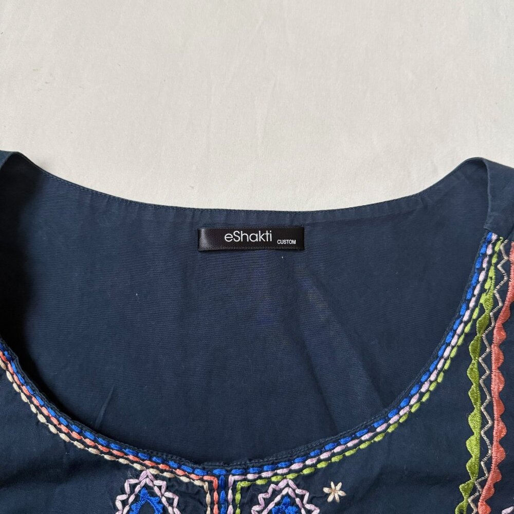eShakti XL Custom Navy Blue Stretch Embroidered Boho Style Bell Peplum Top - Picture 4 of 9